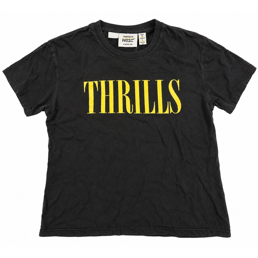 Y2K Black Thrills Spellout Logo Streetwear Yellow Graphic T-Shirt Size Large